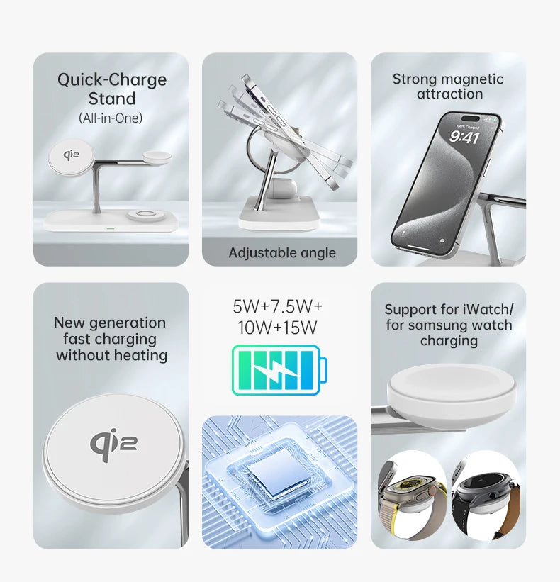 QI2 3-in-1 Magnetic Wireless Charger — iPhone 16/15/14/13/12, Apple Watch, AirPods Stand