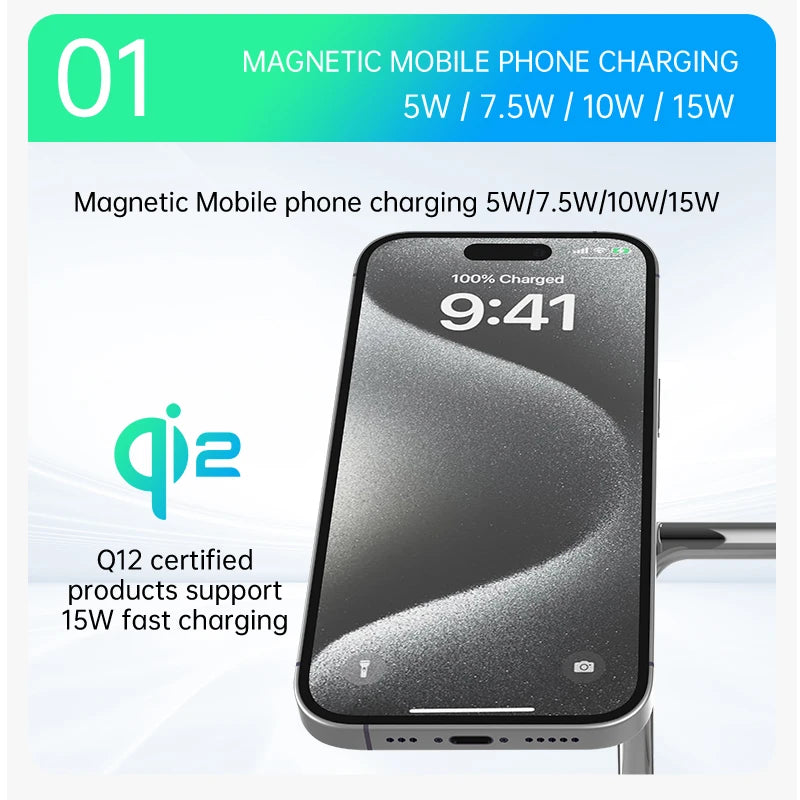 QI2 3-in-1 Magnetic Wireless Charger — iPhone 16/15/14/13/12, Apple Watch, AirPods Stand