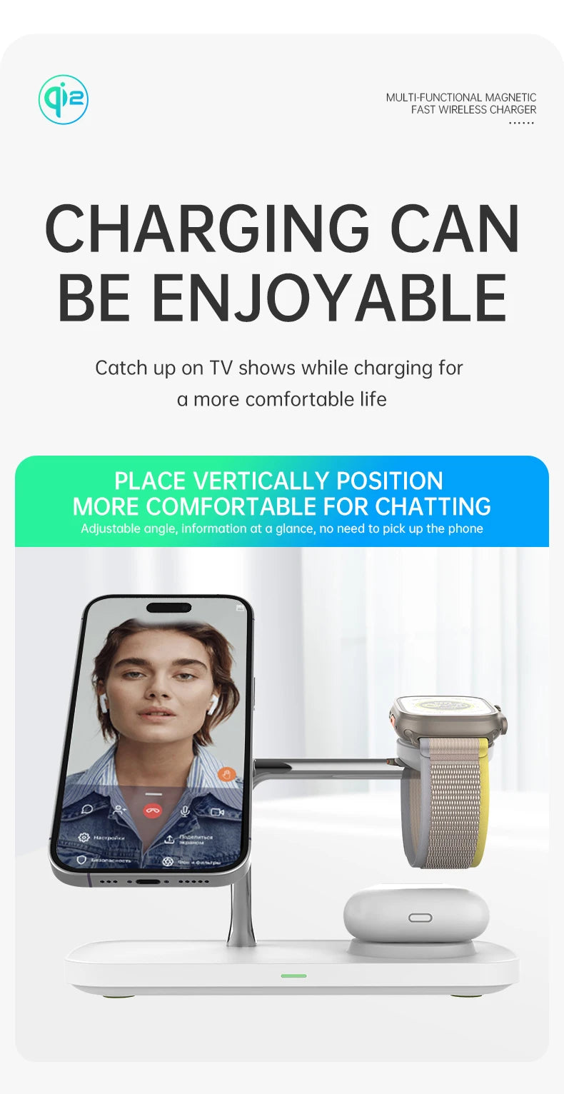 QI2 3-in-1 Magnetic Wireless Charger — iPhone 16/15/14/13/12, Apple Watch, AirPods Stand