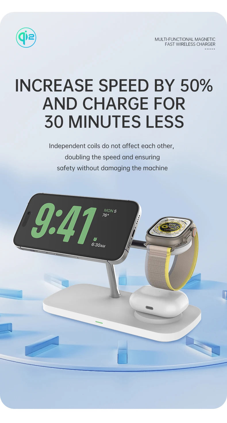 QI2 3-in-1 Magnetic Wireless Charger — iPhone 16/15/14/13/12, Apple Watch, AirPods Stand