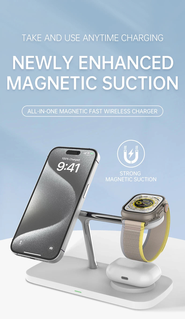 QI2 3-in-1 Magnetic Wireless Charger — iPhone 16/15/14/13/12, Apple Watch, AirPods Stand