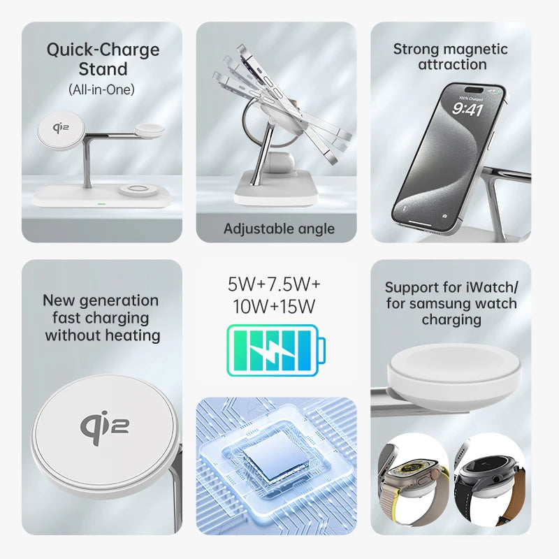 QI2 3-in-1 Magnetic Wireless Charger — iPhone 16/15/14/13/12, Apple Watch, AirPods Stand