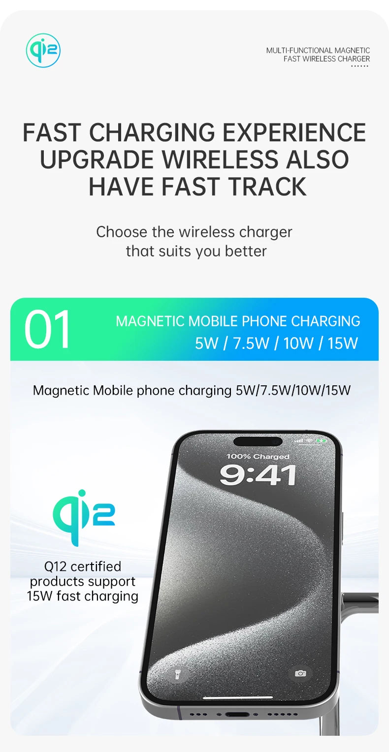QI2 3-in-1 Magnetic Wireless Charger — iPhone 16/15/14/13/12, Apple Watch, AirPods Stand