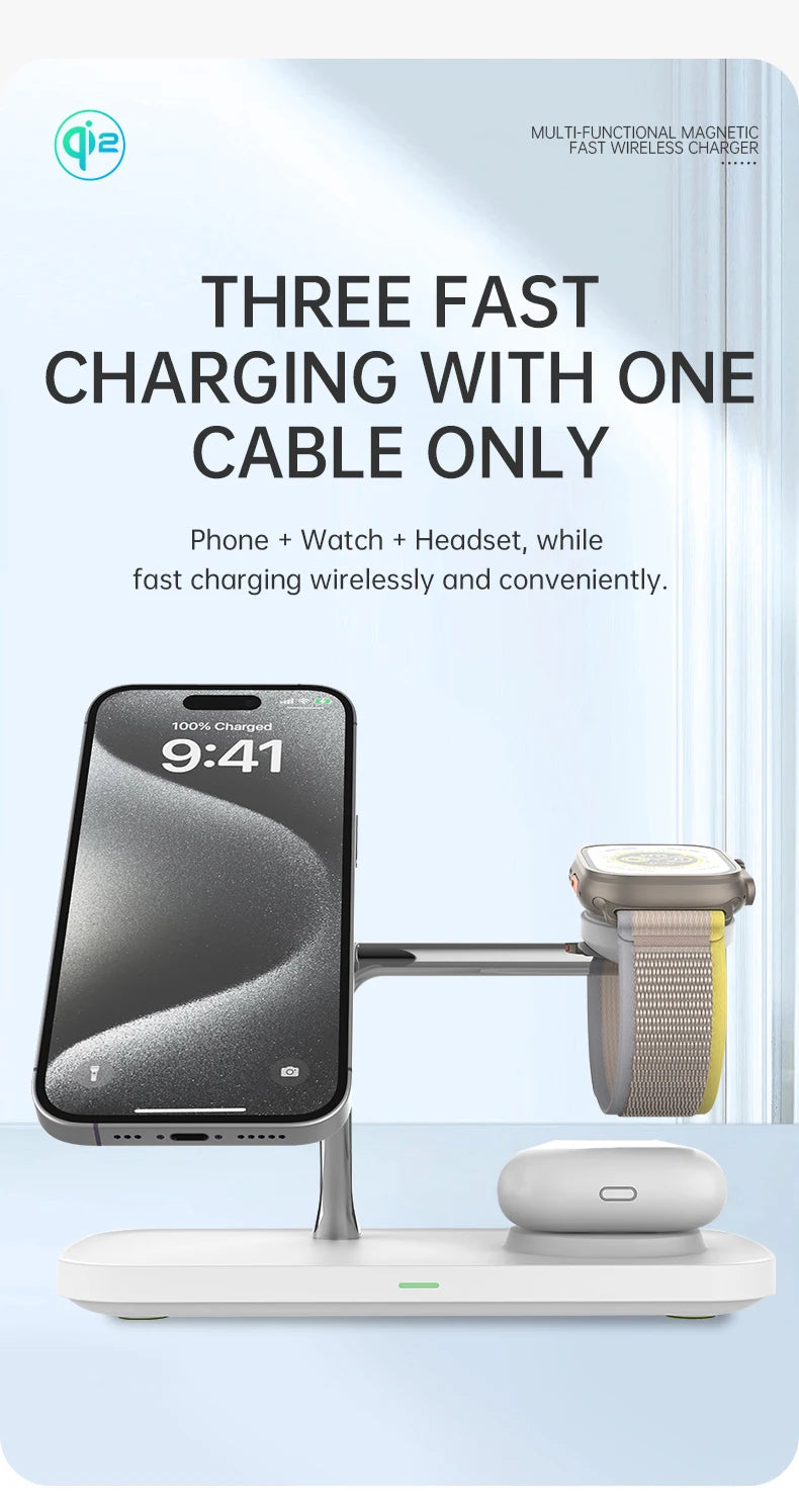QI2 3-in-1 Magnetic Wireless Charger — iPhone 16/15/14/13/12, Apple Watch, AirPods Stand