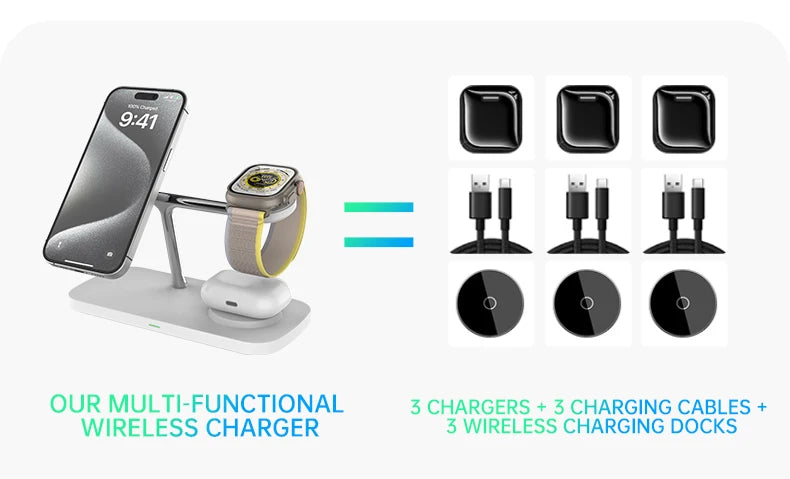 QI2 3-in-1 Magnetic Wireless Charger — iPhone 16/15/14/13/12, Apple Watch, AirPods Stand