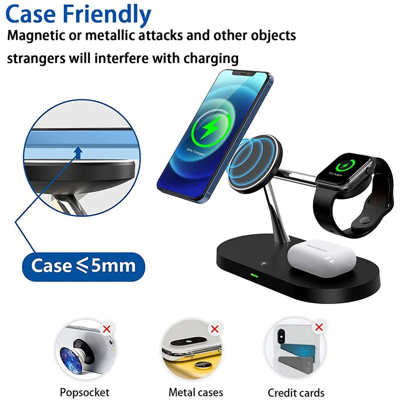 3-in-1 Magnetic Wireless Charger Stand — iPhone 12–17, Apple Watch, AirPods (2/3/Pro)