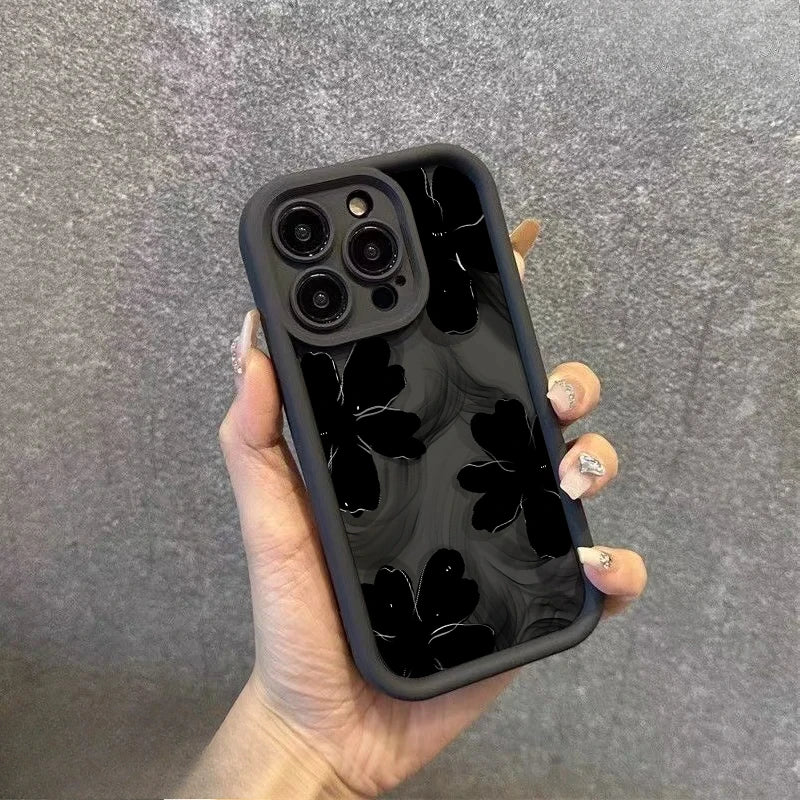 Black Rose Floral Painted Silicone Case – Shockproof Softshell for iPhone 7/8 to 16/Plus/Pro Max