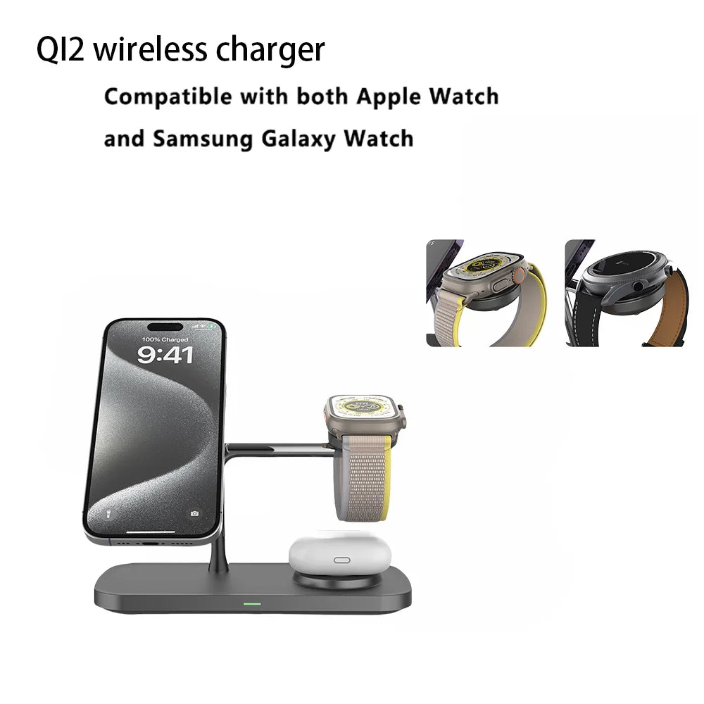 3-in-1 Magnetic Wireless Charger Stand — iPhone 12–17, Apple Watch, AirPods (2/3/Pro)