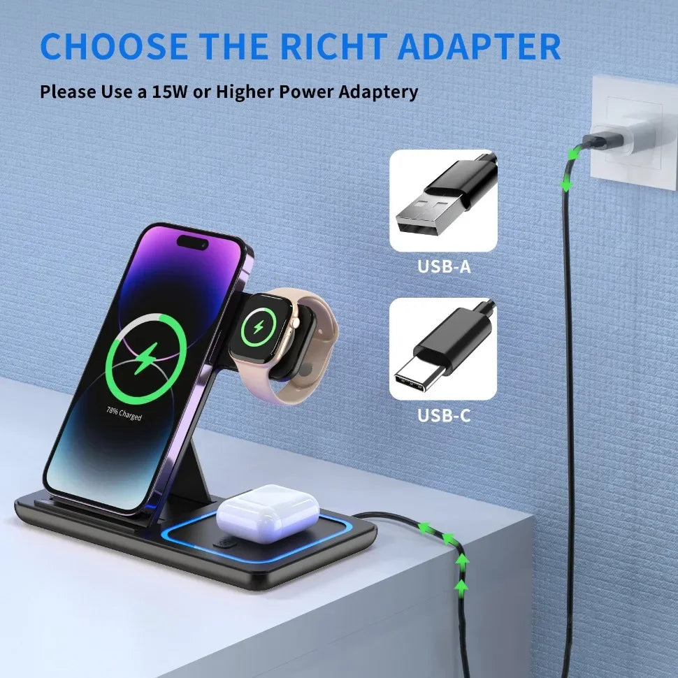 Foldable 3-in-1 30W MagSafe Wireless Charging Station for iPhone, AirPods, and Watch