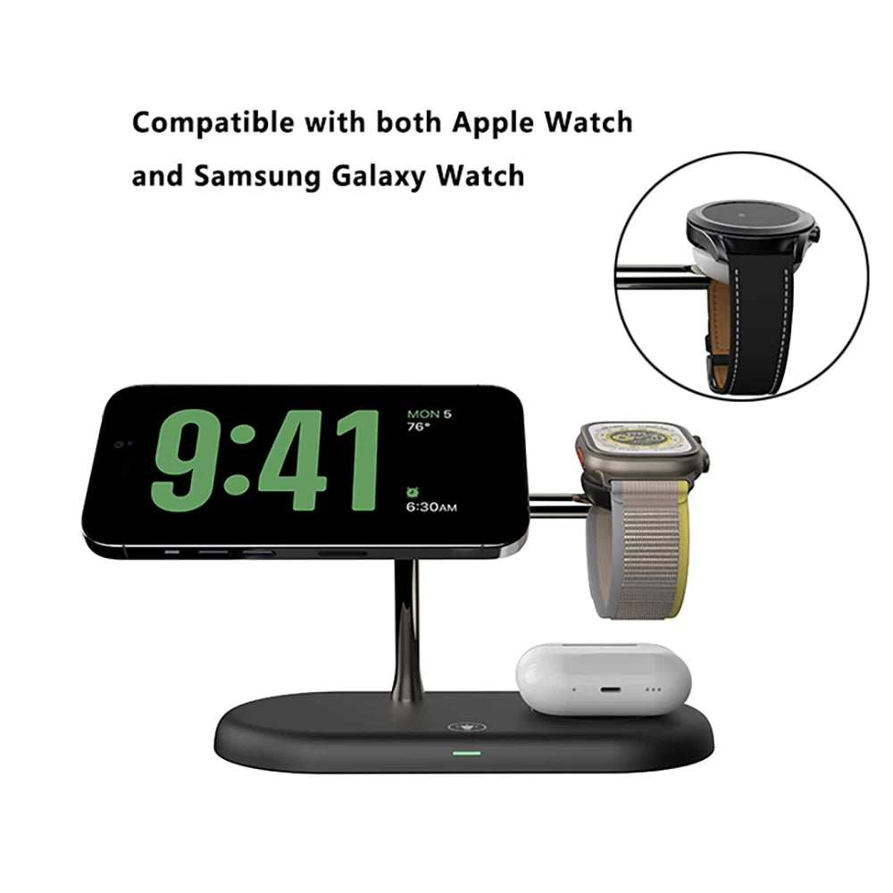 3-in-1 Magnetic Wireless Charger Stand — iPhone 12–17, Apple Watch, AirPods (2/3/Pro)