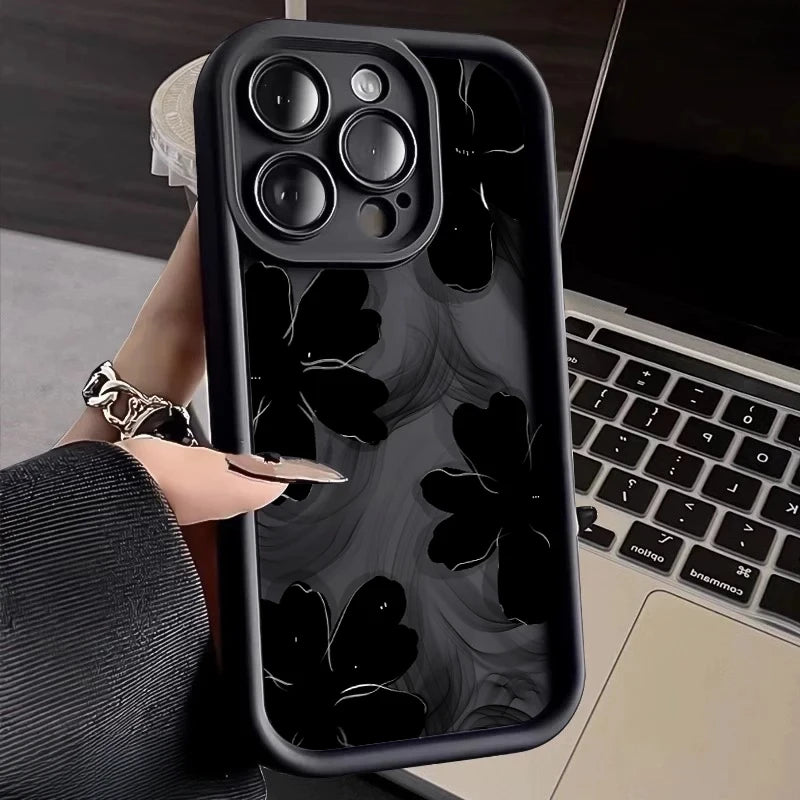 Black Rose Floral Painted Silicone Case – Shockproof Softshell for iPhone 7/8 to 16/Plus/Pro Max