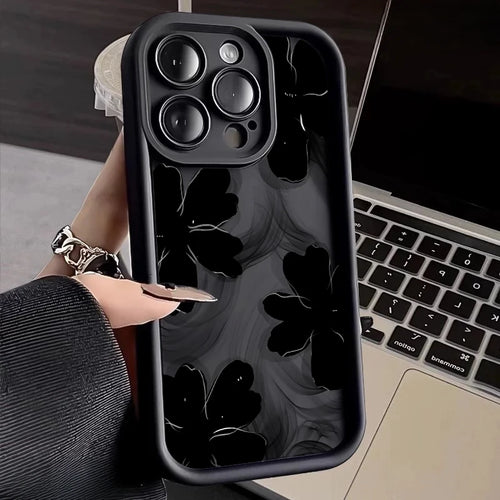 Black Rose Floral Painted Silicone Case – Shockproof Softshell for iPhone 7/8 to 16/Plus/Pro Max