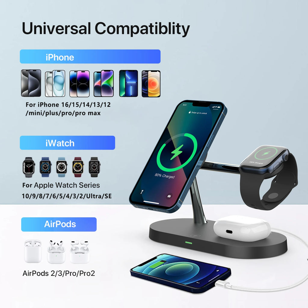3-in-1 Magnetic Wireless Charger Stand — iPhone 12–17, Apple Watch, AirPods (2/3/Pro)
