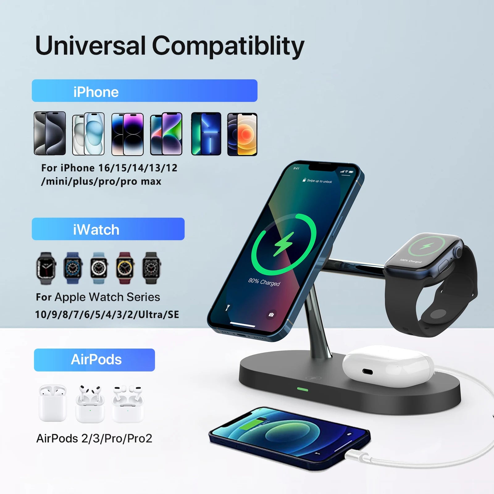 3-in-1 Magnetic Wireless Charger Stand — iPhone 12–17, Apple Watch, AirPods (2/3/Pro)